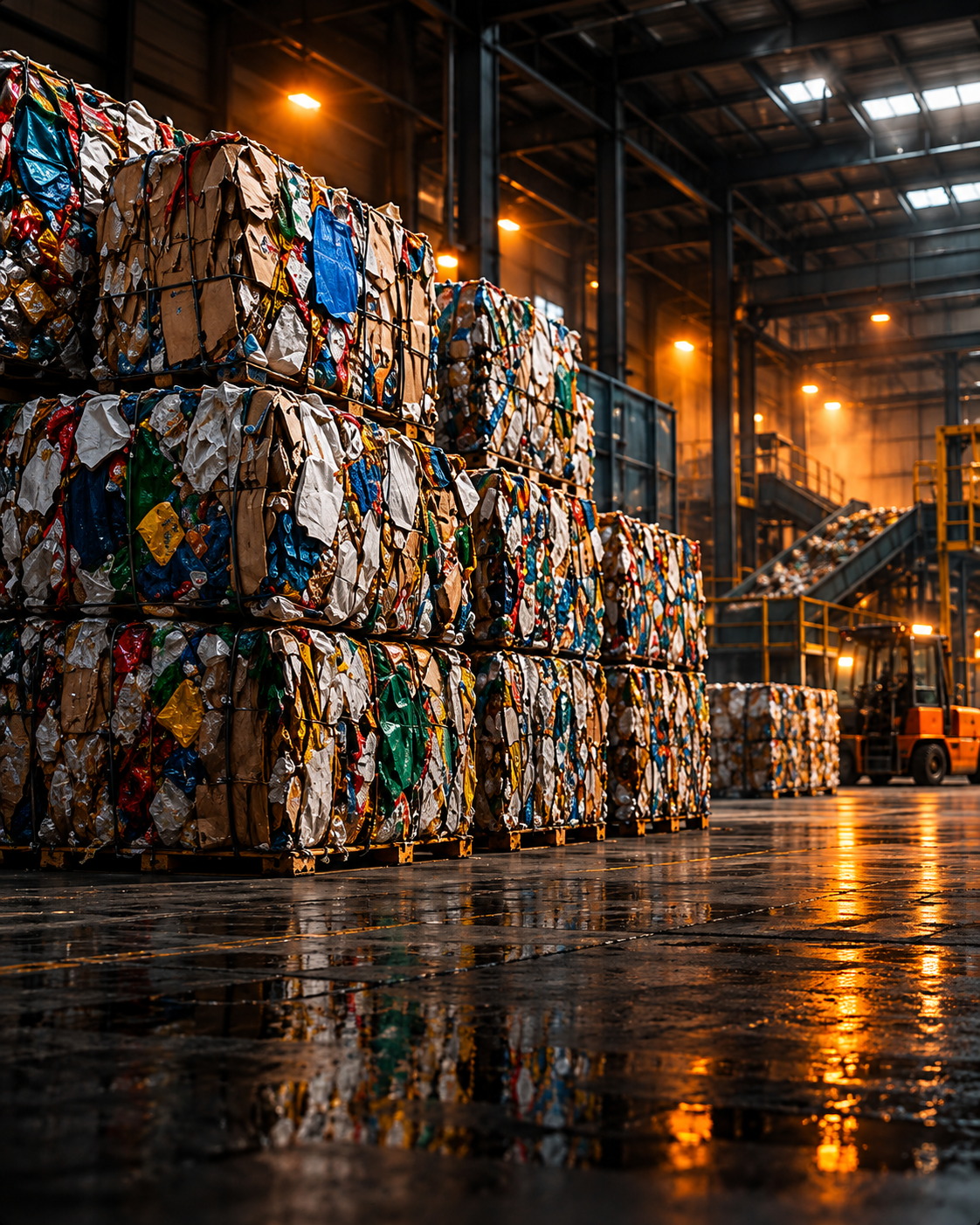 Baled recyclable material inside a warehouse