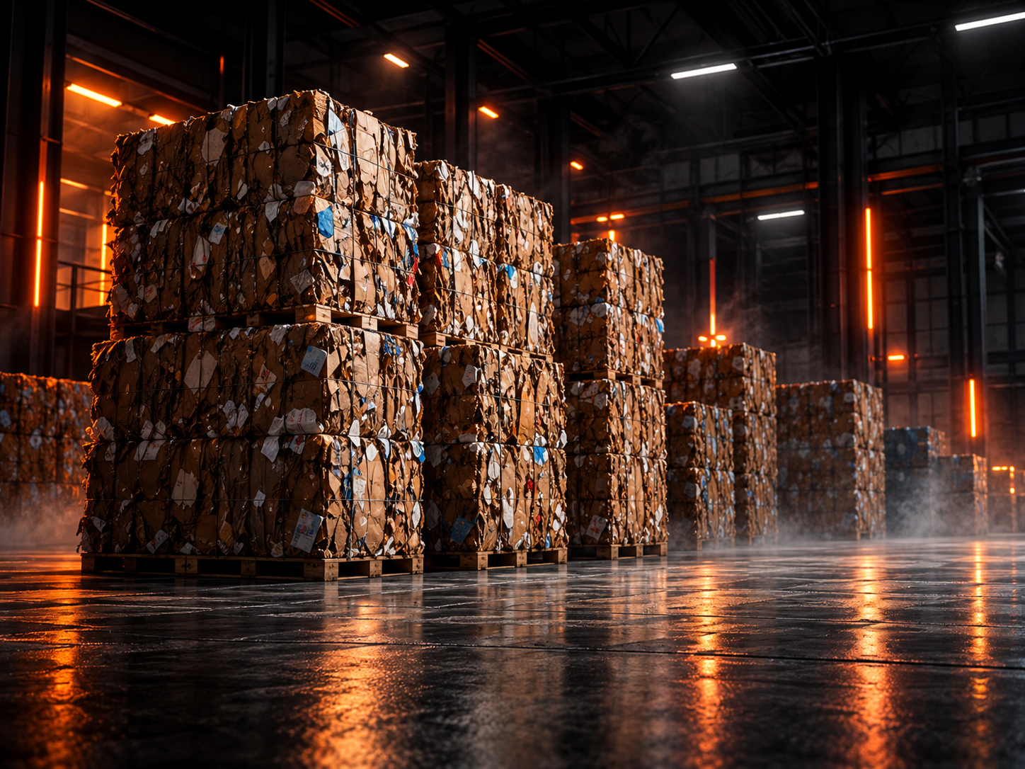 Baled cardboard ready for recycling in an industrial warehouse